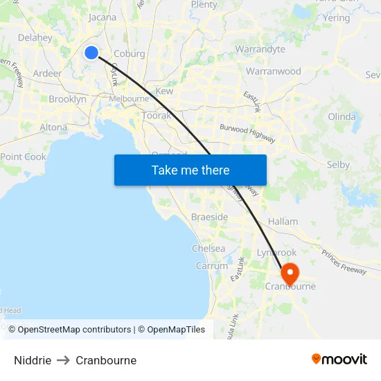 Niddrie to Cranbourne map