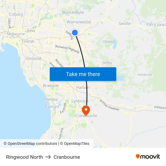 Ringwood North to Cranbourne map