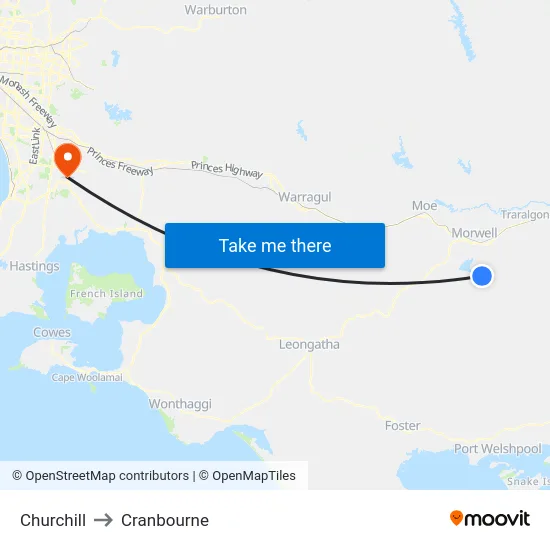Churchill to Cranbourne map