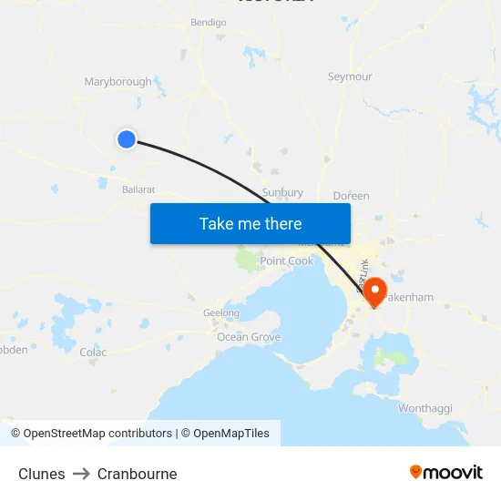 Clunes to Cranbourne map