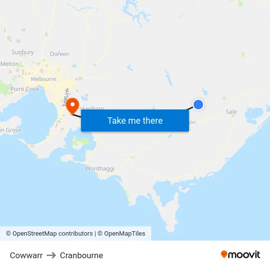 Cowwarr to Cranbourne map