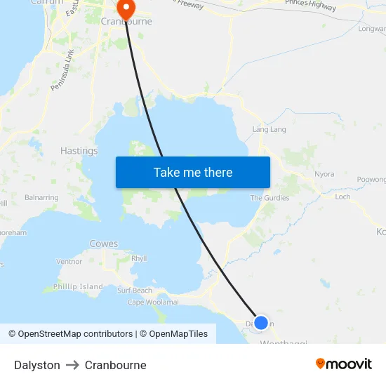 Dalyston to Cranbourne map