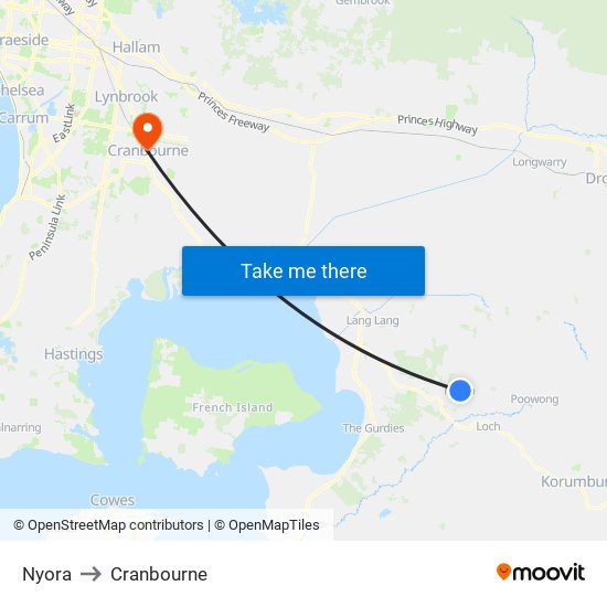 Nyora to Cranbourne map