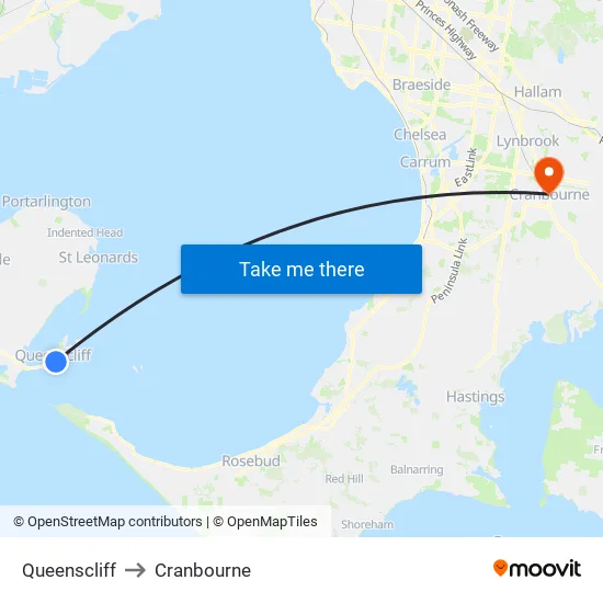 Queenscliff to Cranbourne map