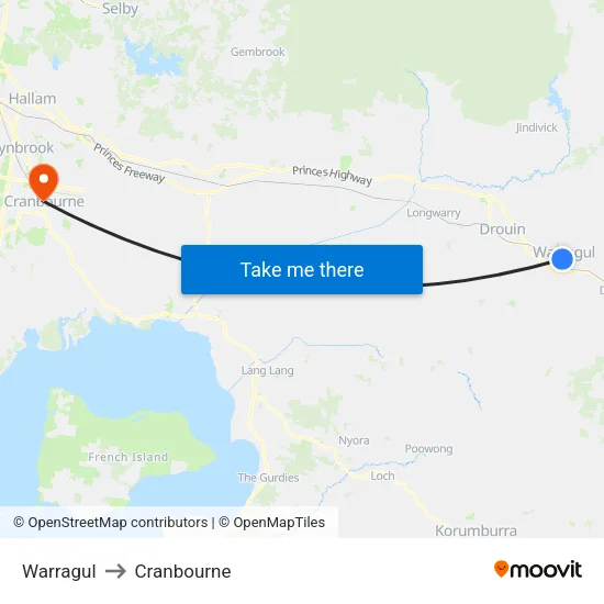 Warragul to Cranbourne map