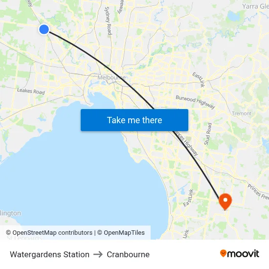 Watergardens Station to Cranbourne map