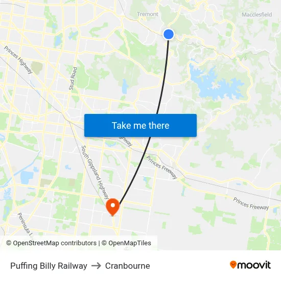 Puffing Billy Railway to Cranbourne map