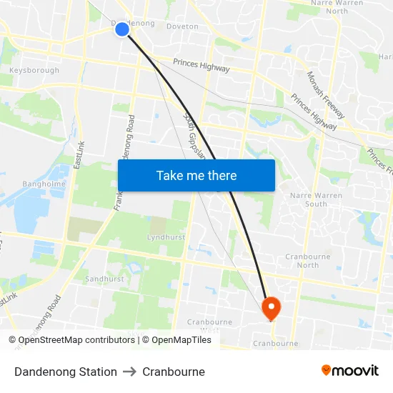 Dandenong Station to Cranbourne map