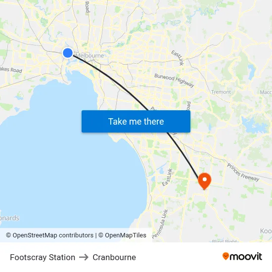 Footscray Station to Cranbourne map