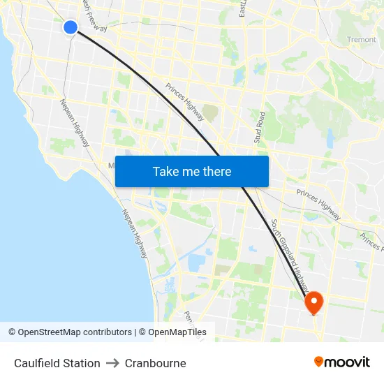 Caulfield Station to Cranbourne map