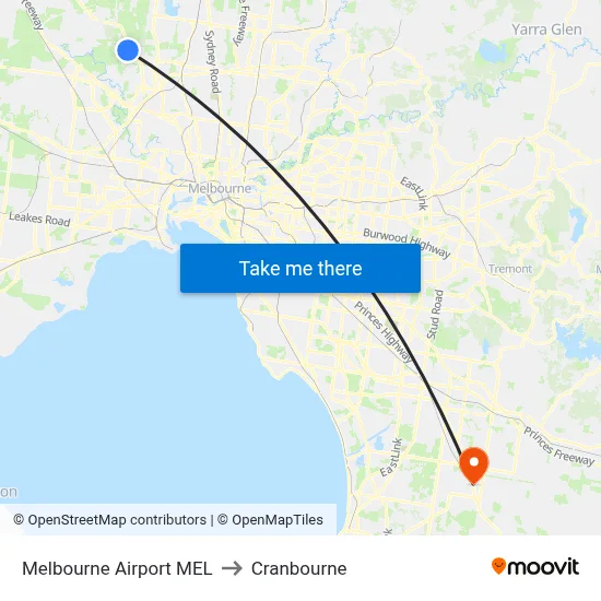 Melbourne Airport MEL to Cranbourne map