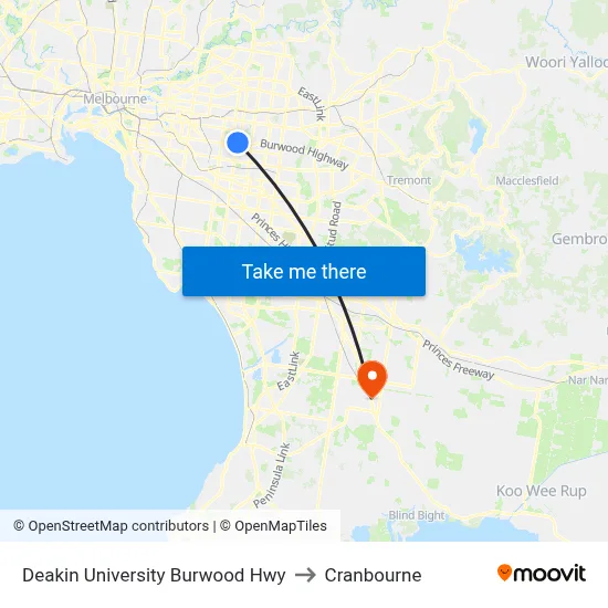 Deakin University Burwood Hwy to Cranbourne map