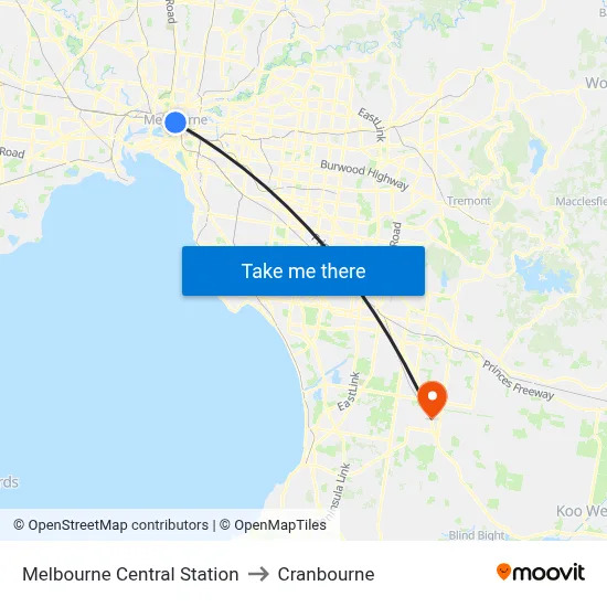 Melbourne Central Station to Cranbourne map