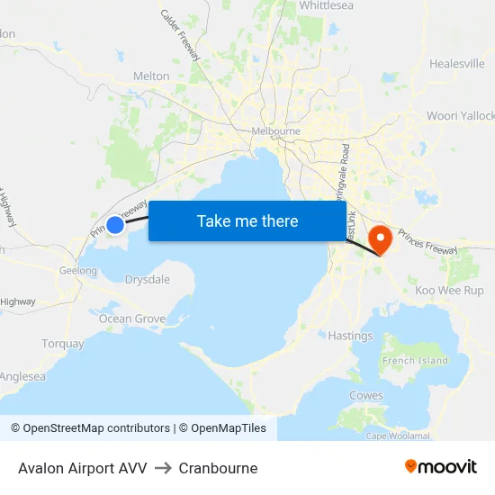 Avalon Airport AVV to Cranbourne map