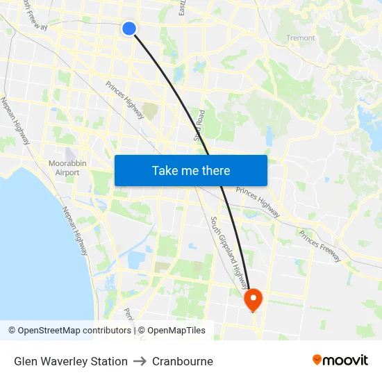 Glen Waverley Station to Cranbourne map