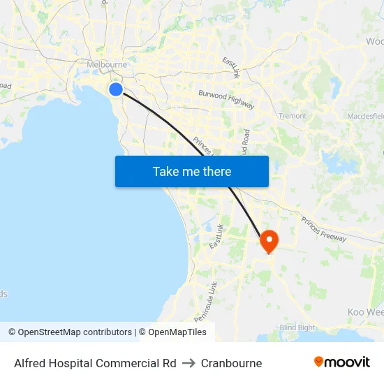 Alfred Hospital Commercial Rd to Cranbourne map