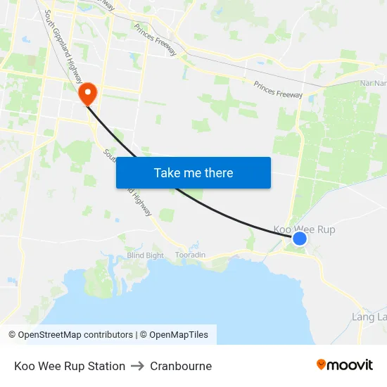 Koo Wee Rup Station to Cranbourne map
