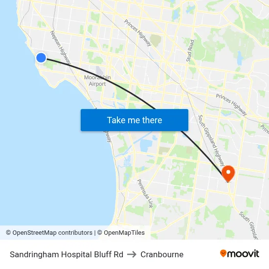Sandringham Hospital Bluff Rd to Cranbourne map
