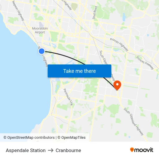 Aspendale Station to Cranbourne map