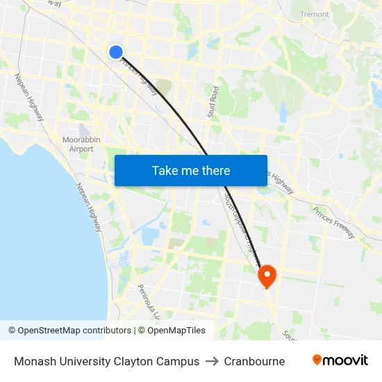 Monash University Clayton Campus to Cranbourne map