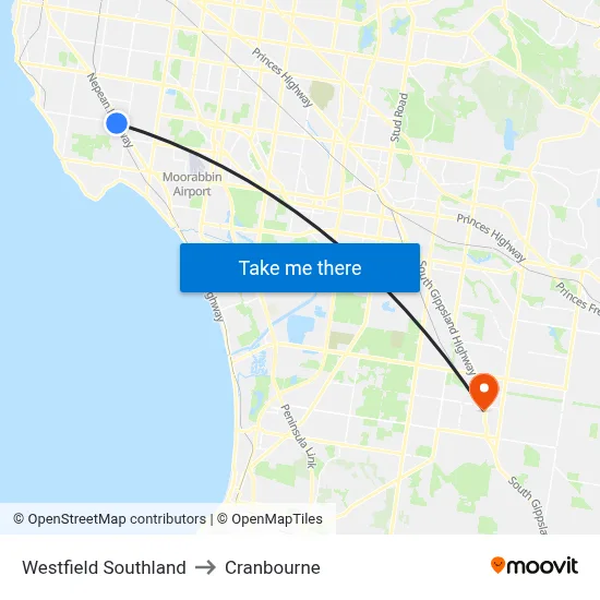 Westfield Southland to Cranbourne map
