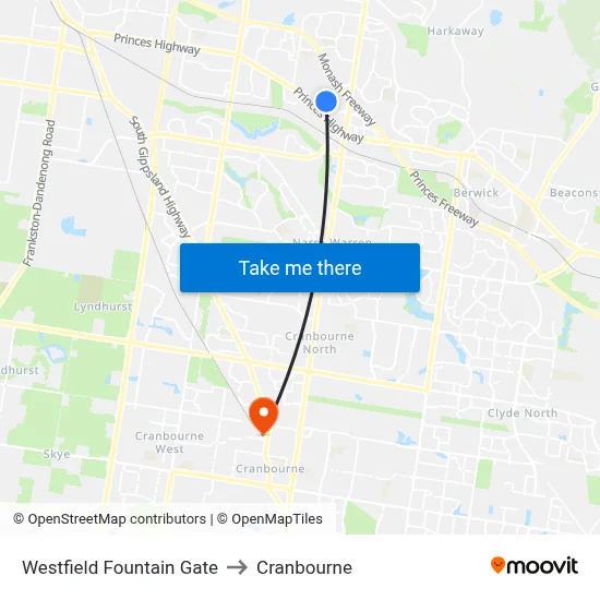 Westfield Fountain Gate to Cranbourne map