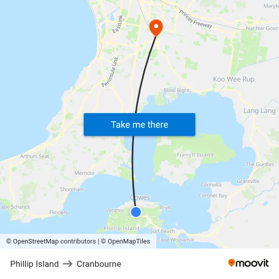 Phillip Island to Cranbourne map