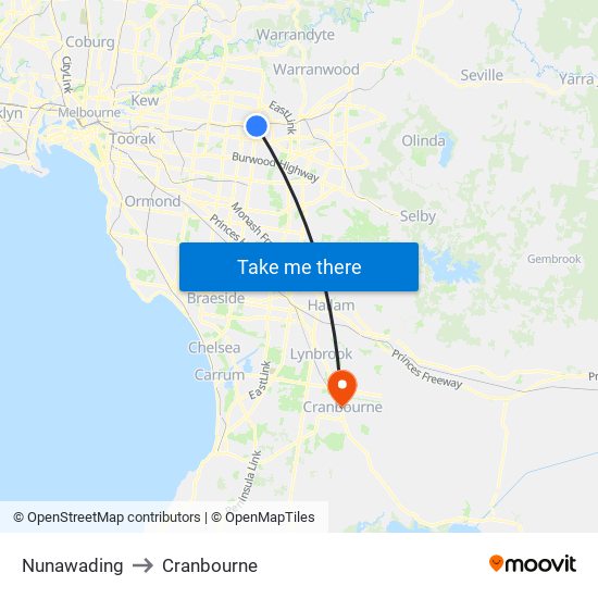 Nunawading to Cranbourne map