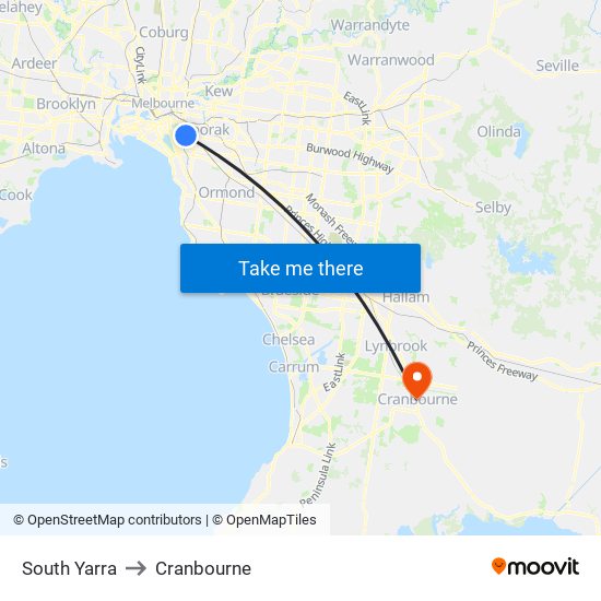 South Yarra to Cranbourne map