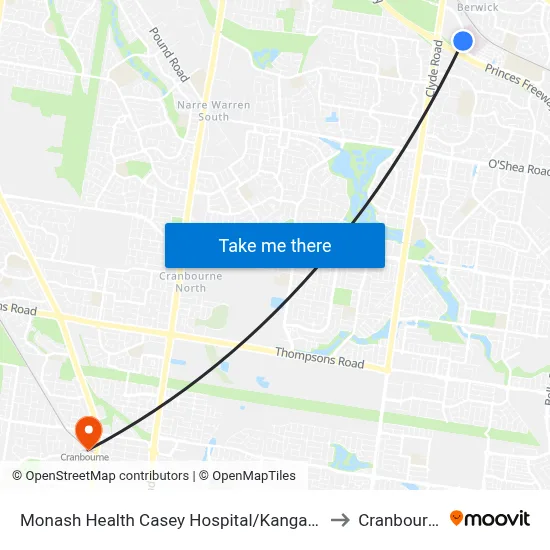 Monash Health Casey Hospital/Kangan Dr to Cranbourne map