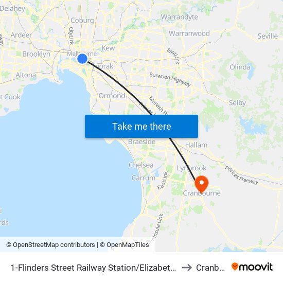 1-Flinders Street Railway Station/Elizabeth St (Melbourne City) to Cranbourne map