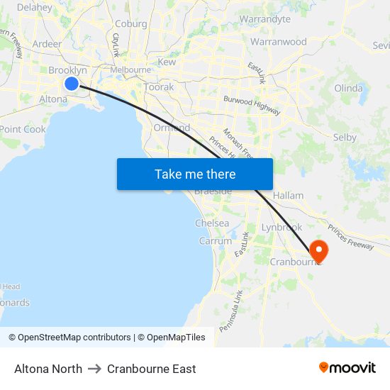 Altona North to Cranbourne East map