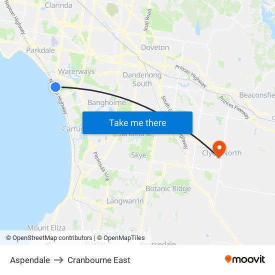 Aspendale to Cranbourne East map