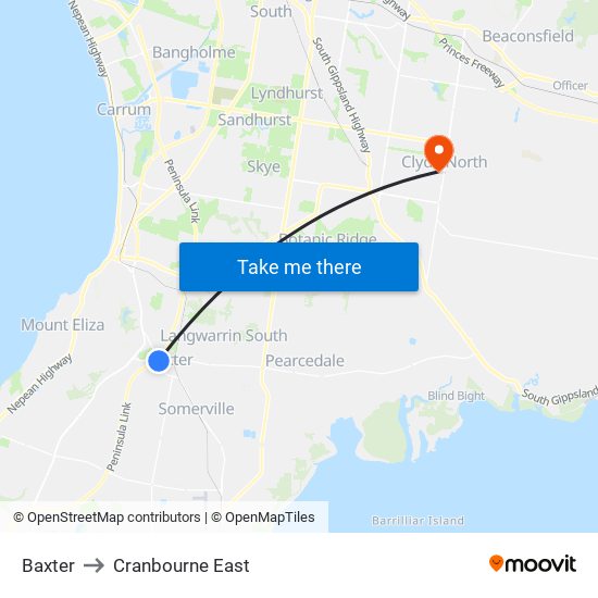 Baxter to Cranbourne East map