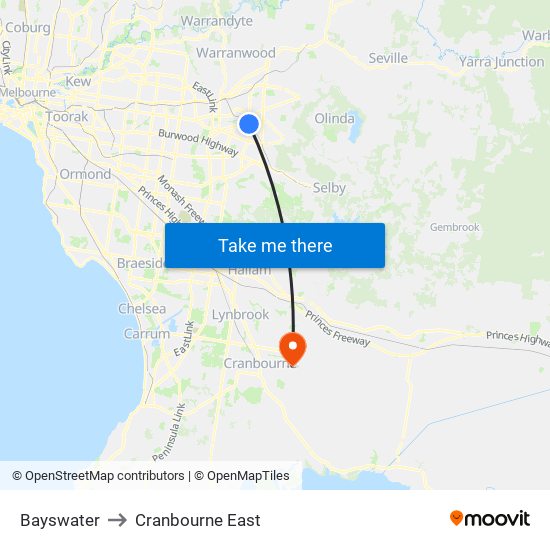 Bayswater to Cranbourne East map