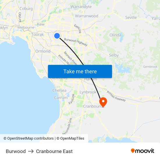 Burwood to Cranbourne East map