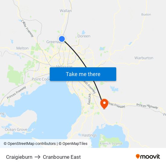 Craigieburn to Cranbourne East map