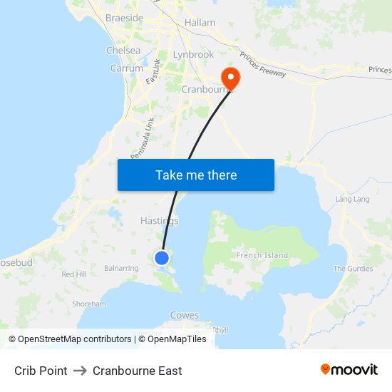 Crib Point to Cranbourne East map