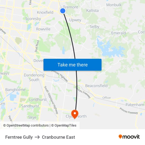 Ferntree Gully to Cranbourne East map