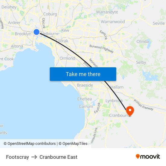 Footscray to Cranbourne East map