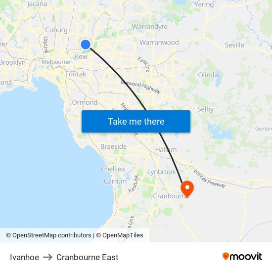 Ivanhoe to Cranbourne East map