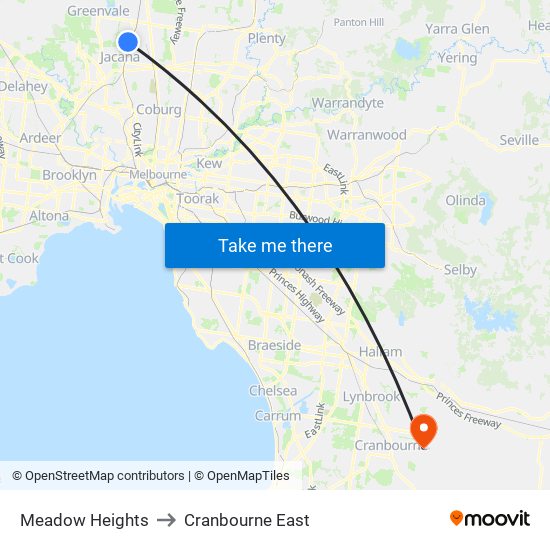 Meadow Heights to Cranbourne East map