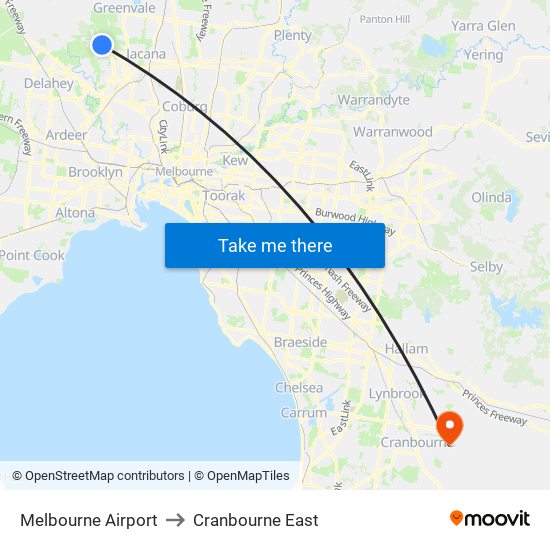 Melbourne Airport to Cranbourne East map