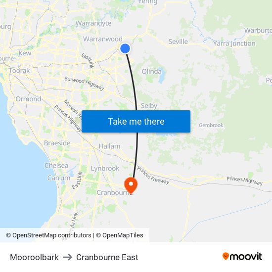Mooroolbark to Cranbourne East map
