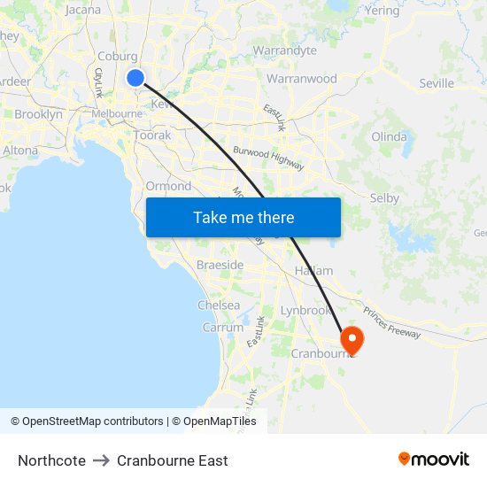 Northcote to Cranbourne East map