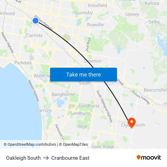 Oakleigh South to Cranbourne East map