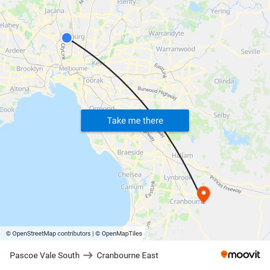 Pascoe Vale South to Cranbourne East map