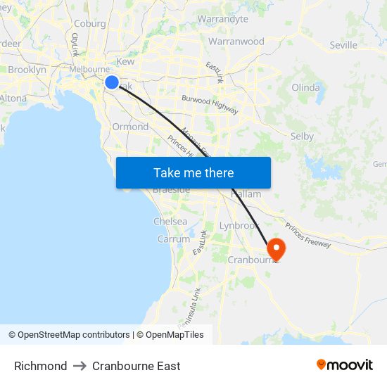 Richmond to Cranbourne East map