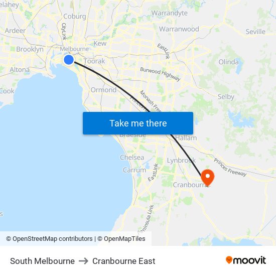 South Melbourne to Cranbourne East map