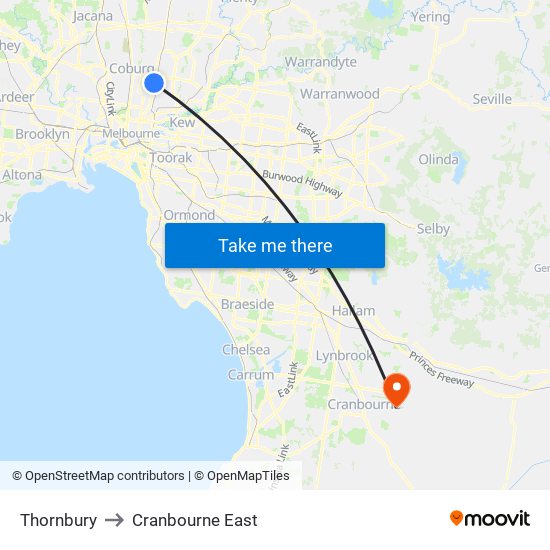 Thornbury to Cranbourne East map